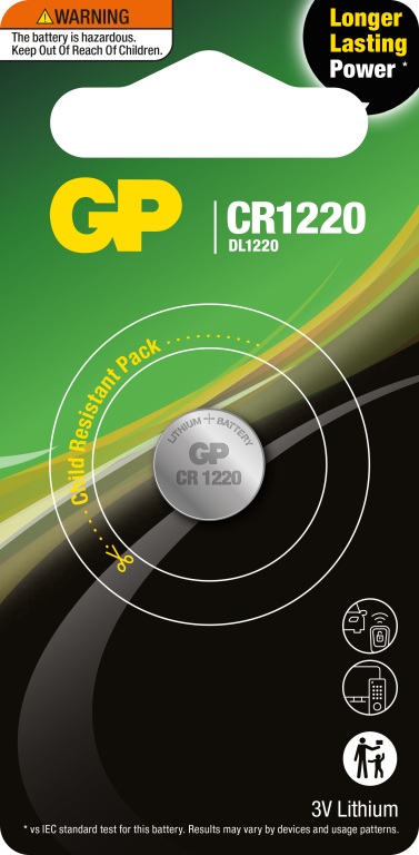 GP Lithium Coin Cell Battery 3 Volts CR1220