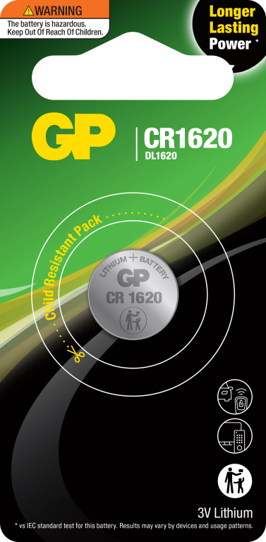 GP Lithium Coin Cell Battery 3 Volts CR1620