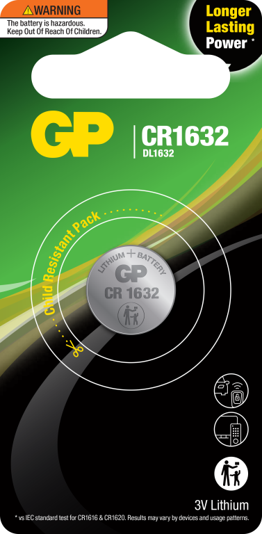 GP Lithium Coin Cell Battery 3 Volts CR1632