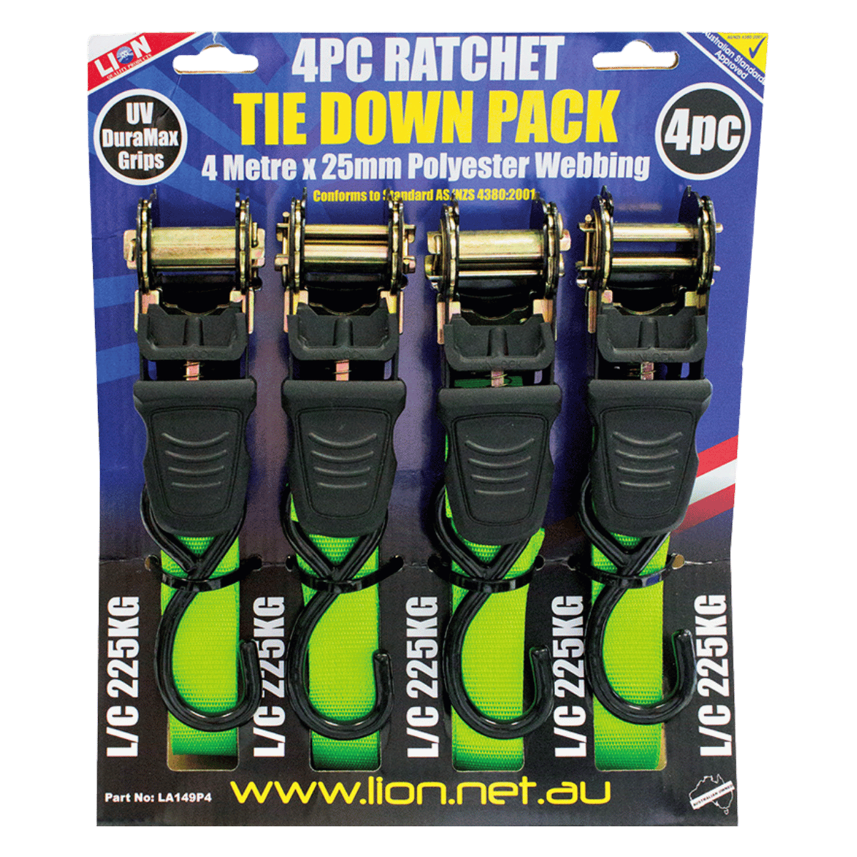 Lion Retractable Ratchet Tie Down 4M x 25mm 4 Pack Green