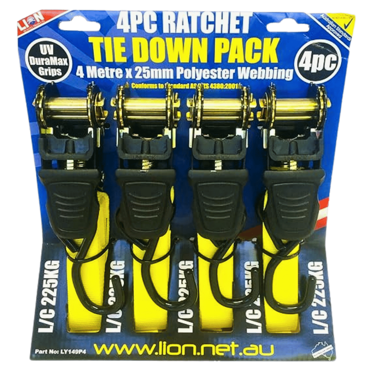 Lion Retractable Ratchet Tie Down 4M x 25mm 4 Pack