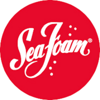 SeaFoam logo in white cursive text on a red circular background with small bubble details.