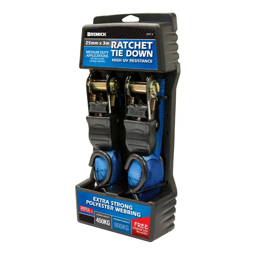 Bremick Ratchet Tie Down 25mm x 3m - 2 Pack