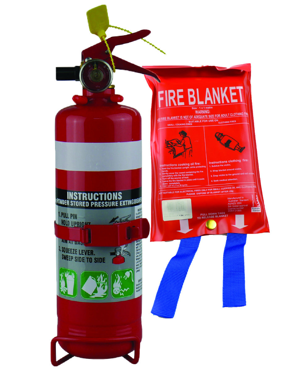 1KG Dry Chemical ABE Fire Extinguisher with HD Metal Bracket + Fire Blanket 1x1M