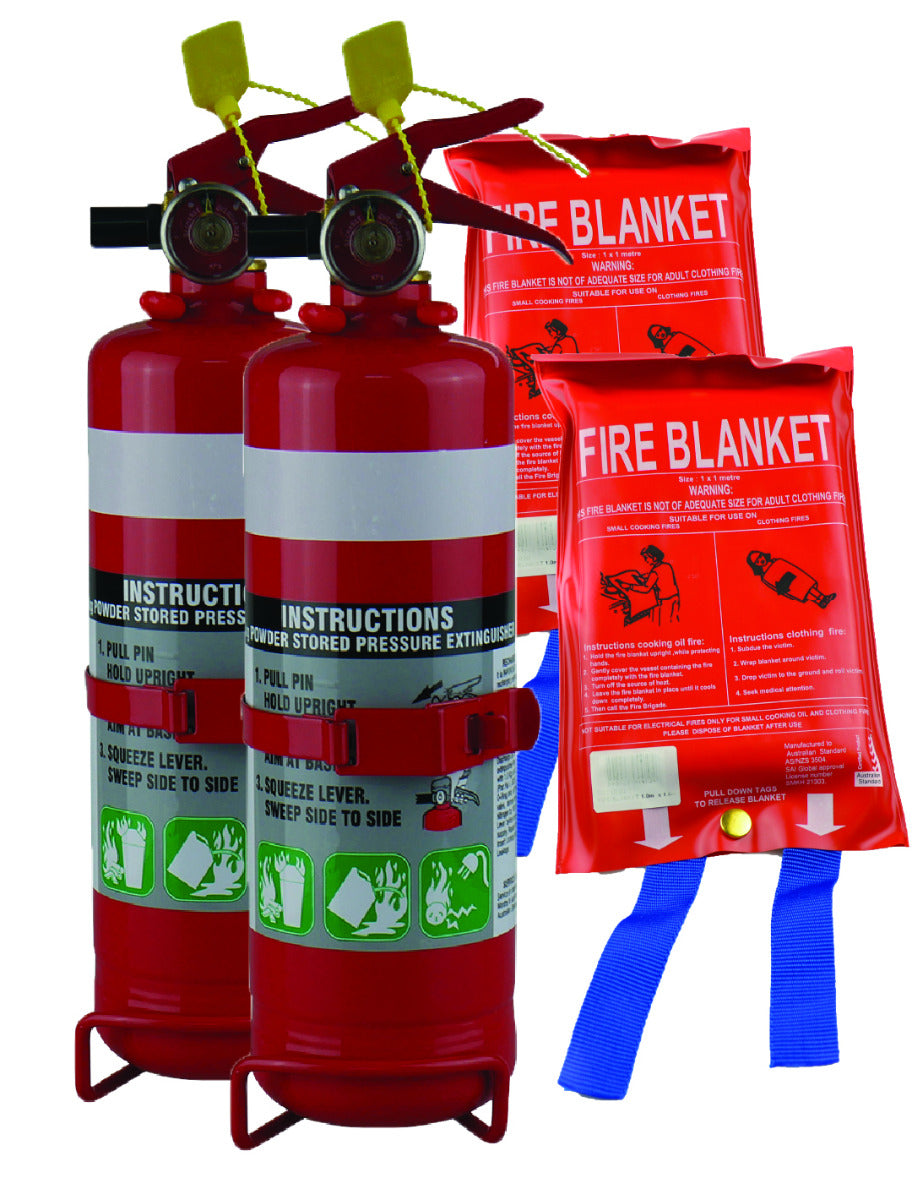 Twin Pack 1KG Dry Chemical ABE Fire Extinguisher with HD Metal Bracket + Fire Blanket 1x1M