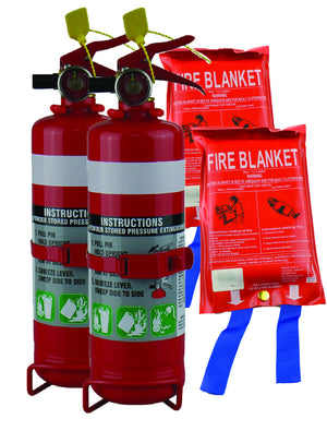 Twin Pack 1KG Dry Chemical ABE Fire Extinguisher with HD Metal Bracket + Fire Blanket 1x1M