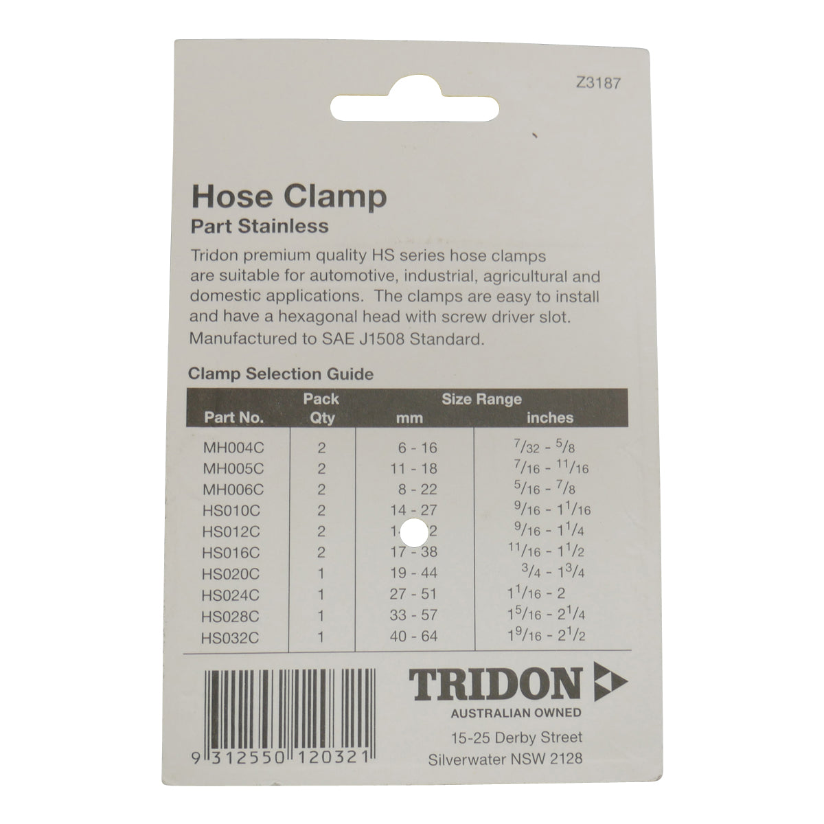 Tridon Hose Clamp Part Stainless 40 - 64mm Card of 1