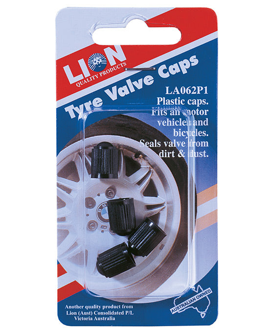 Lion Tyre Valve Caps Black Plastic 4pk