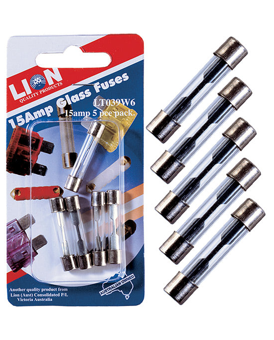 Lion 15AMP Glass Fuses 5 Pack